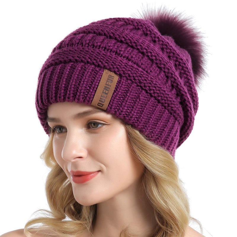 QUEENFUR Women Knit Slouchy Beanie Chunky Baggy Hat with Faux Fur Pompom Winter Soft Warm Ski Cap - Image 2